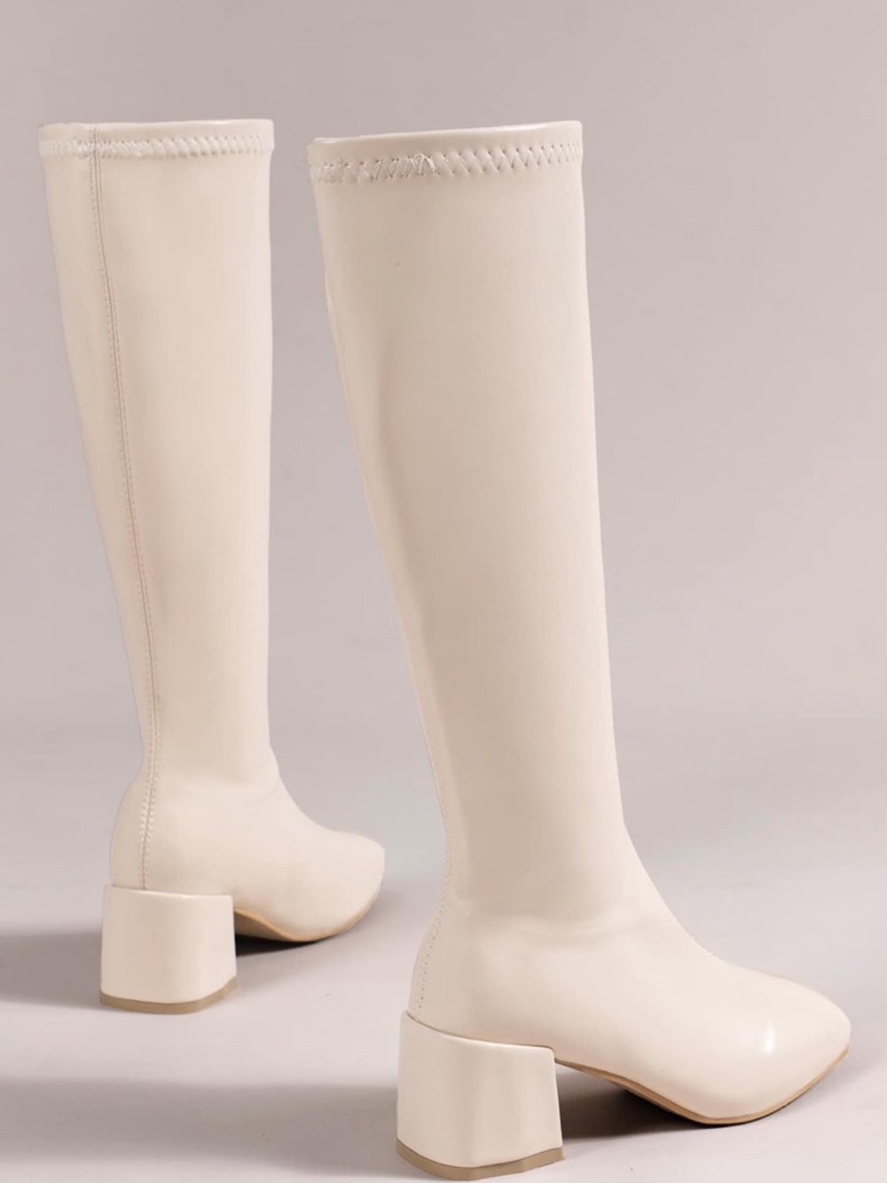 Beige Knee-High Block Heel Boots - 9.5 - Picture 4 of 6